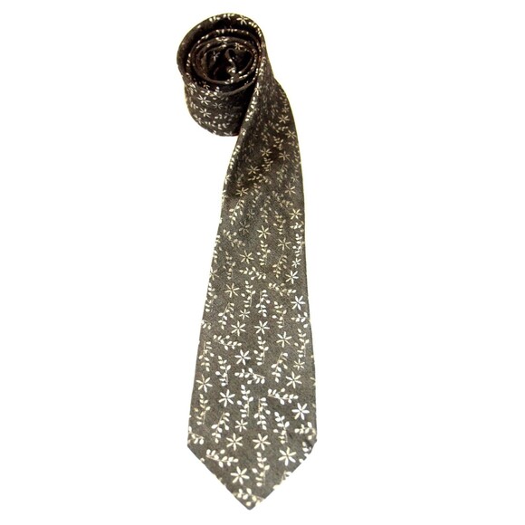 Vintage Calvin Klein Silk Blend Tie RARE pattern gray with Floral Ferns 3x60 - Picture 1 of 4